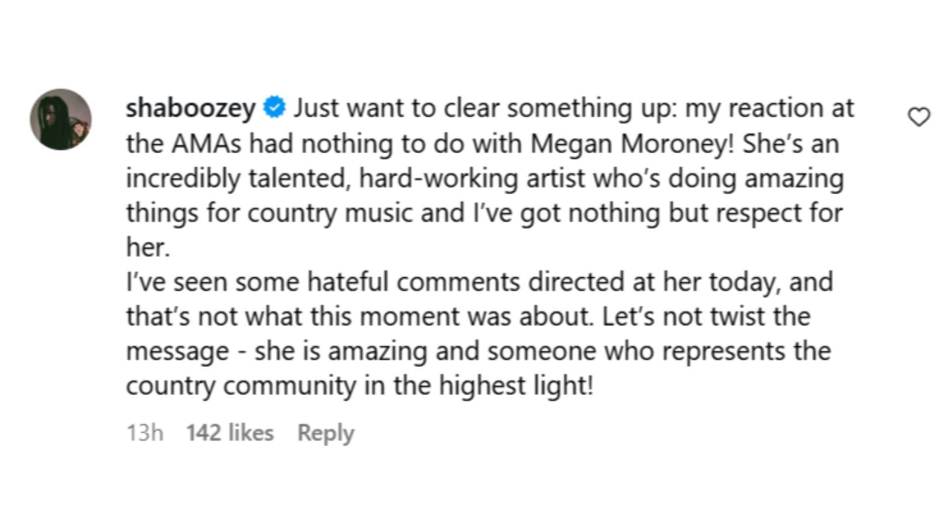 The singer's comment on Megan Moroney's AMAs post (Image via Instagram/@megmoroney)